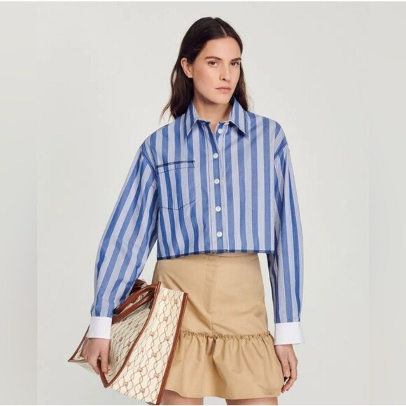 Sandro Tops - Women Sandro sz 4 Cropped Collared Striped Long Sleeve Blouse SHIRT Top